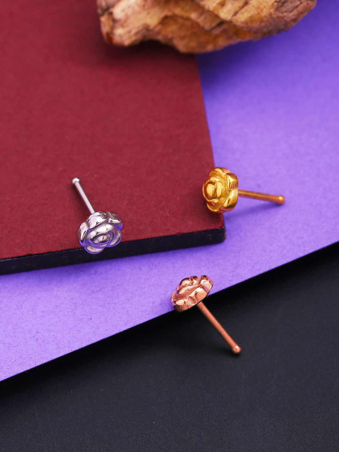 Yellow Chimes Women Gold-Plated & Silver-Plated Set Of 3 Stainless Steel Insert Nosepins