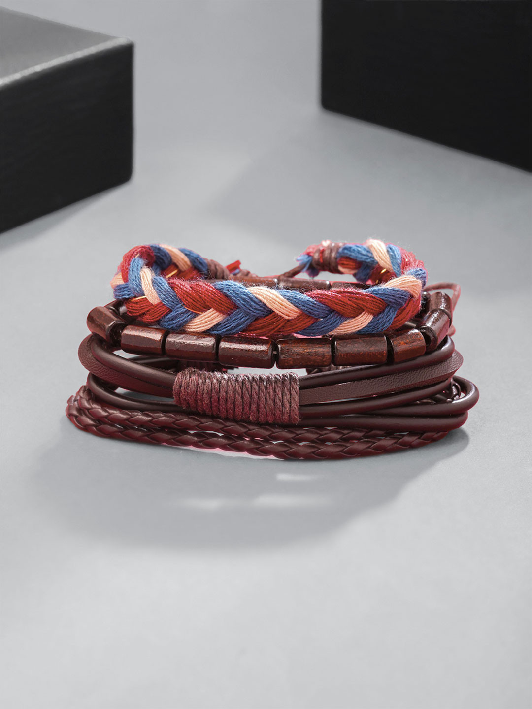 Yellow Chimes Unisex Pack of 4 Brown & Cream-Coloured Leather Wraparound Bracelet