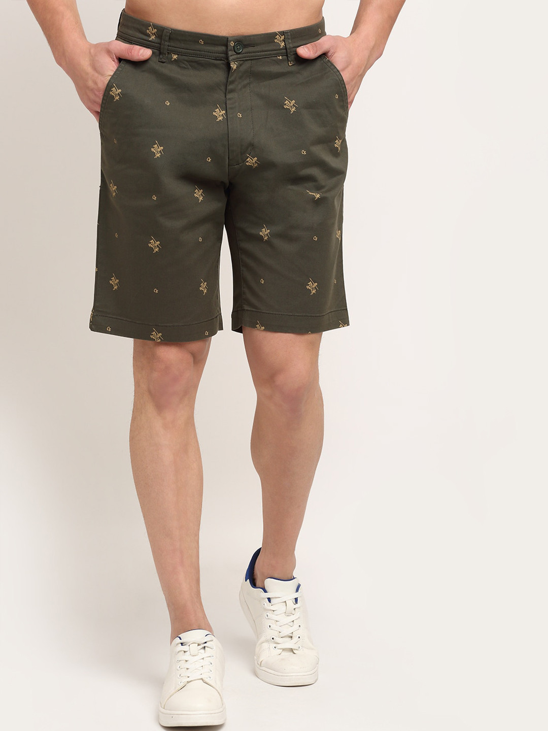 Cantabil Men Olive Green Floral Printed Cotton Regular Shorts