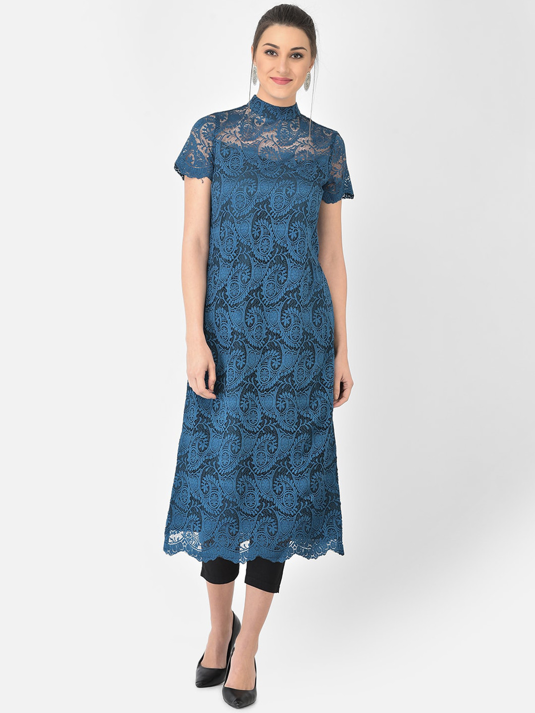 Ojjasvi Women Teal Paisley Printed Mirror Work Straight Kurta