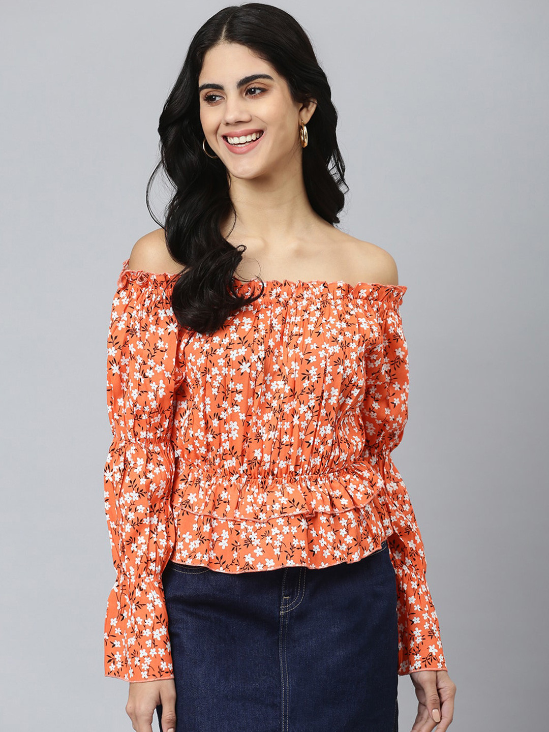 Buy FLAMBOYANT Orange White Floral Print Off Shoulder Bardot Top
