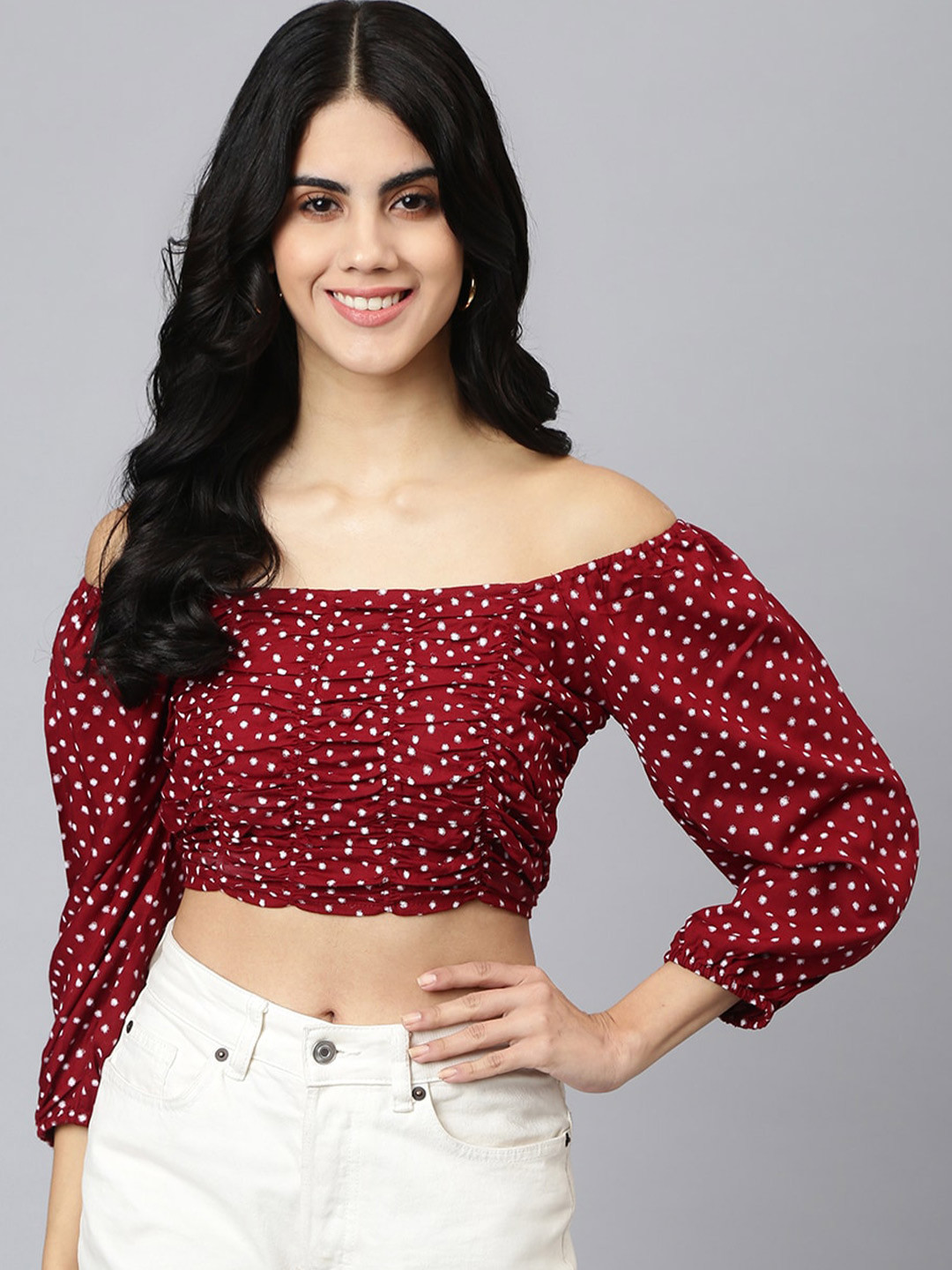 FLAMBOYANT Maroon & White Printed Off-Shoulder Bardot Crop Top