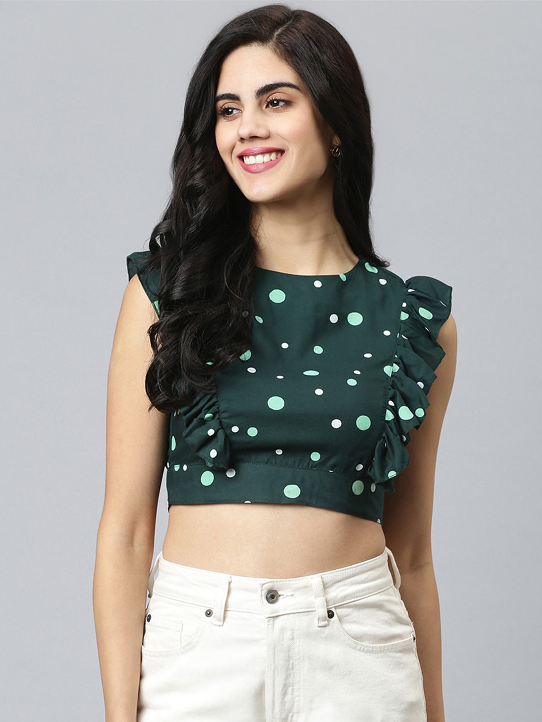 FLAMBOYANT Green Printed Polka Dots Crop Top