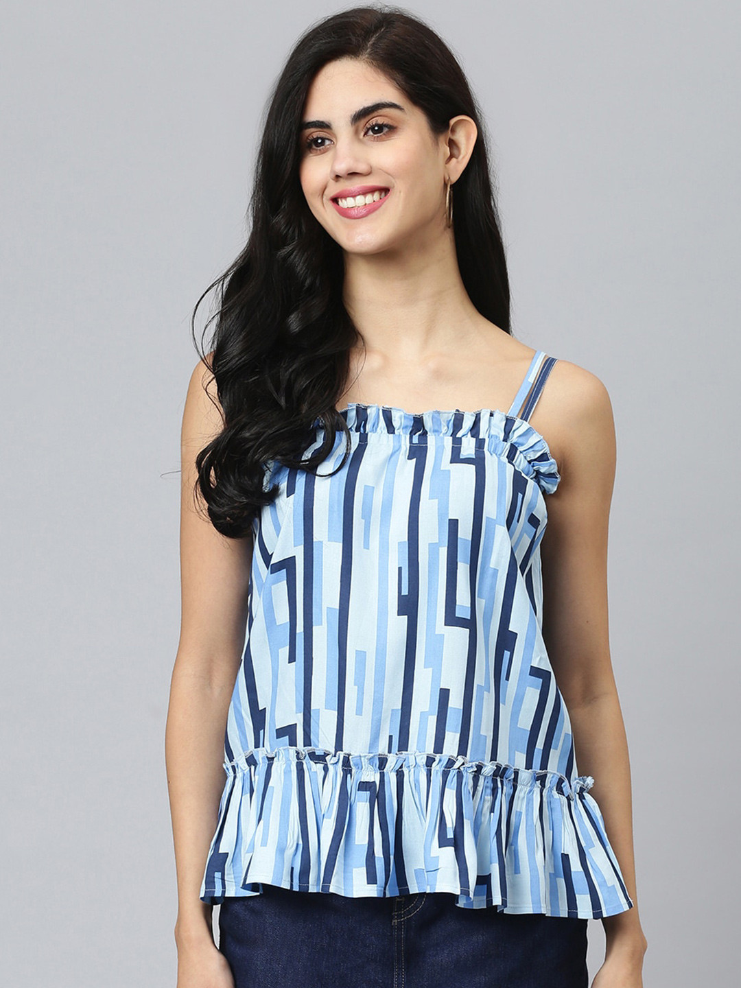 FLAMBOYANT Women Blue Striped Peplum Top