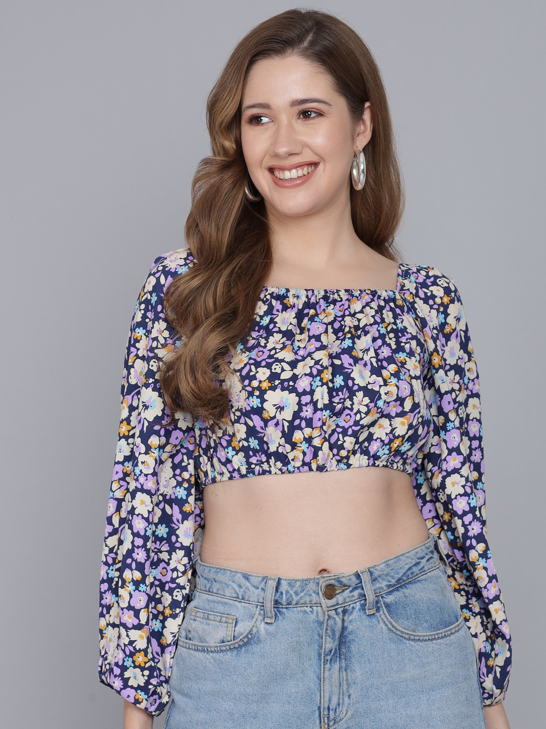 FLAMBOYANT Blue Floral Print Off-Shoulder Bardot Crop Top