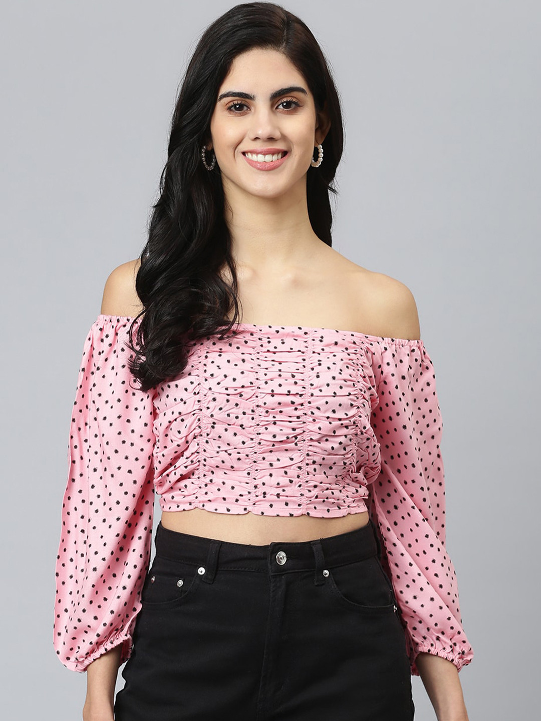 FLAMBOYANT Pink Floral Print Off-Shoulder Bardot Crop Top