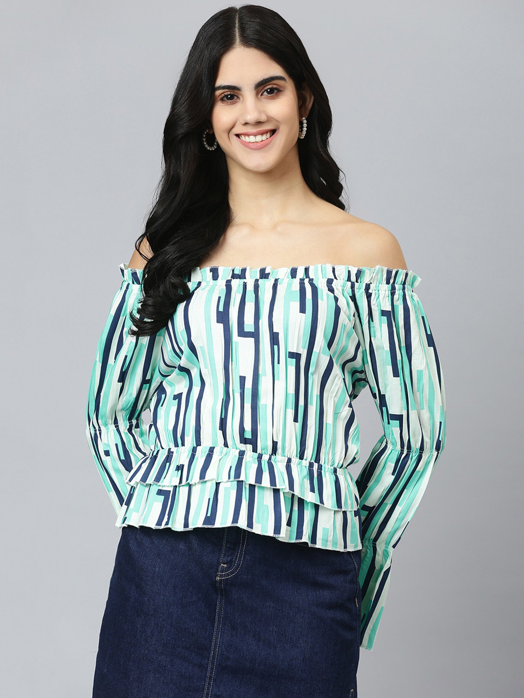 FLAMBOYANT Women Multi Color Striped Off-Shoulder Bardot Top