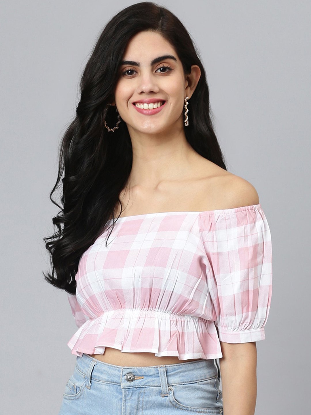 FLAMBOYANT Pink Checked Off-Shoulder Bardot Crop Top