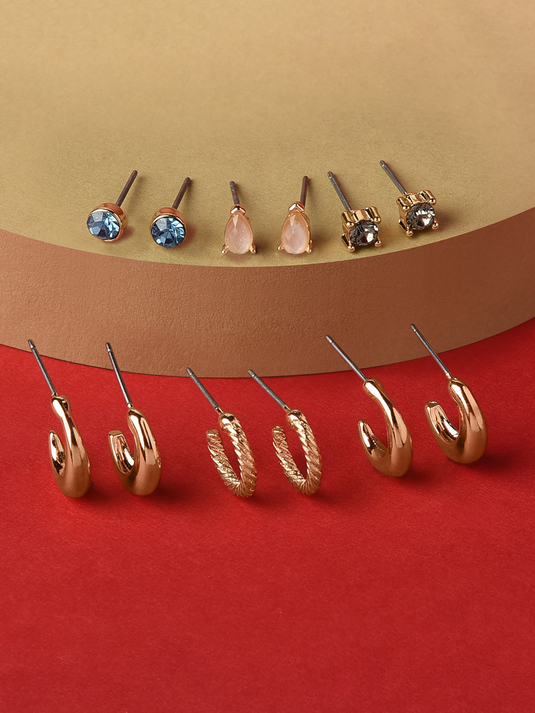 Accessorize London Women Gold-Toned & Blue Harvest Set Of 6 Hoop & Stud Earrings