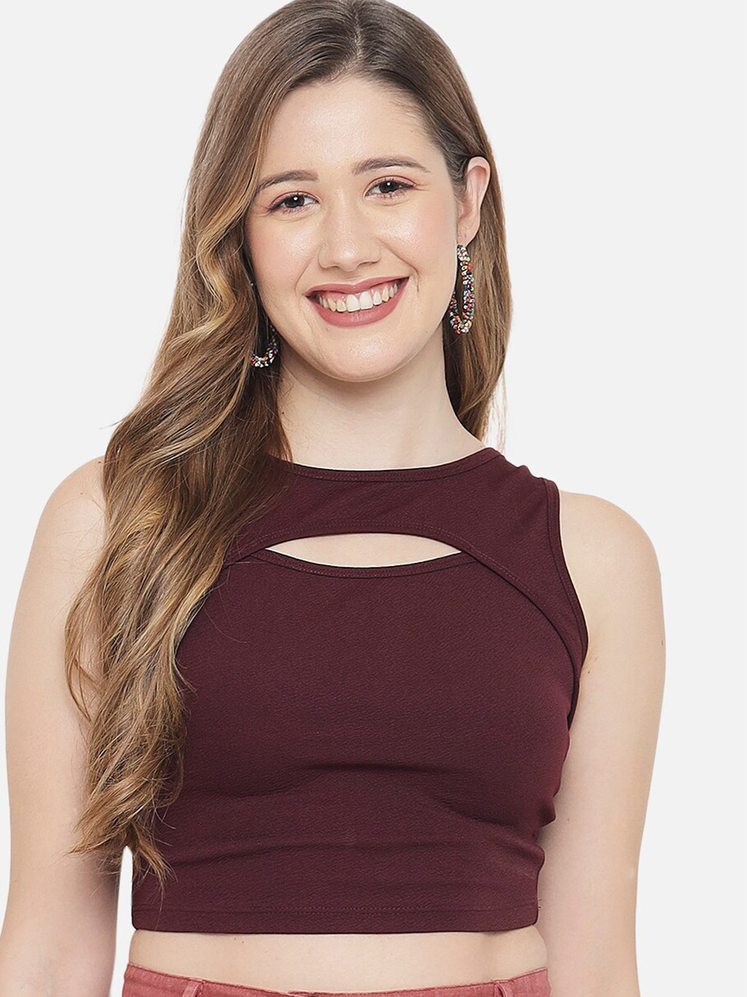 LE BOURGEOIS Maroon Solid Cut Out Crop Top