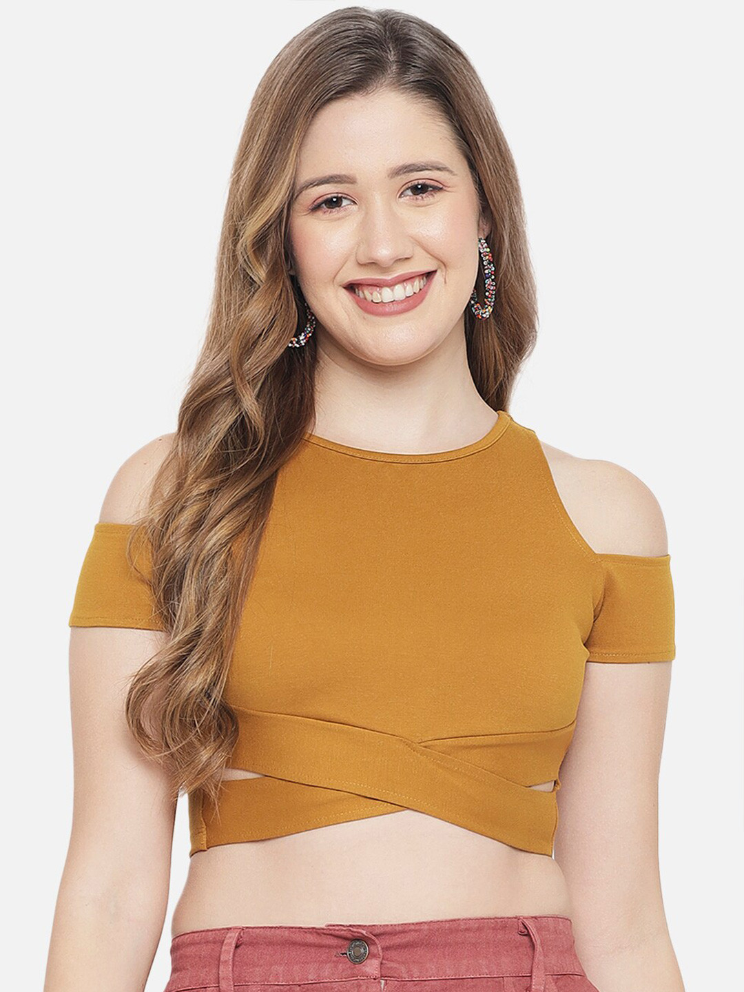 LE BOURGEOIS Camel Brown Solid Crop Fitted Top