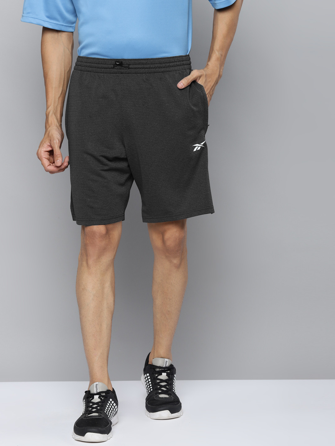 Reebok Men Charcoal Grey & Black Workout Melange Training Shorts