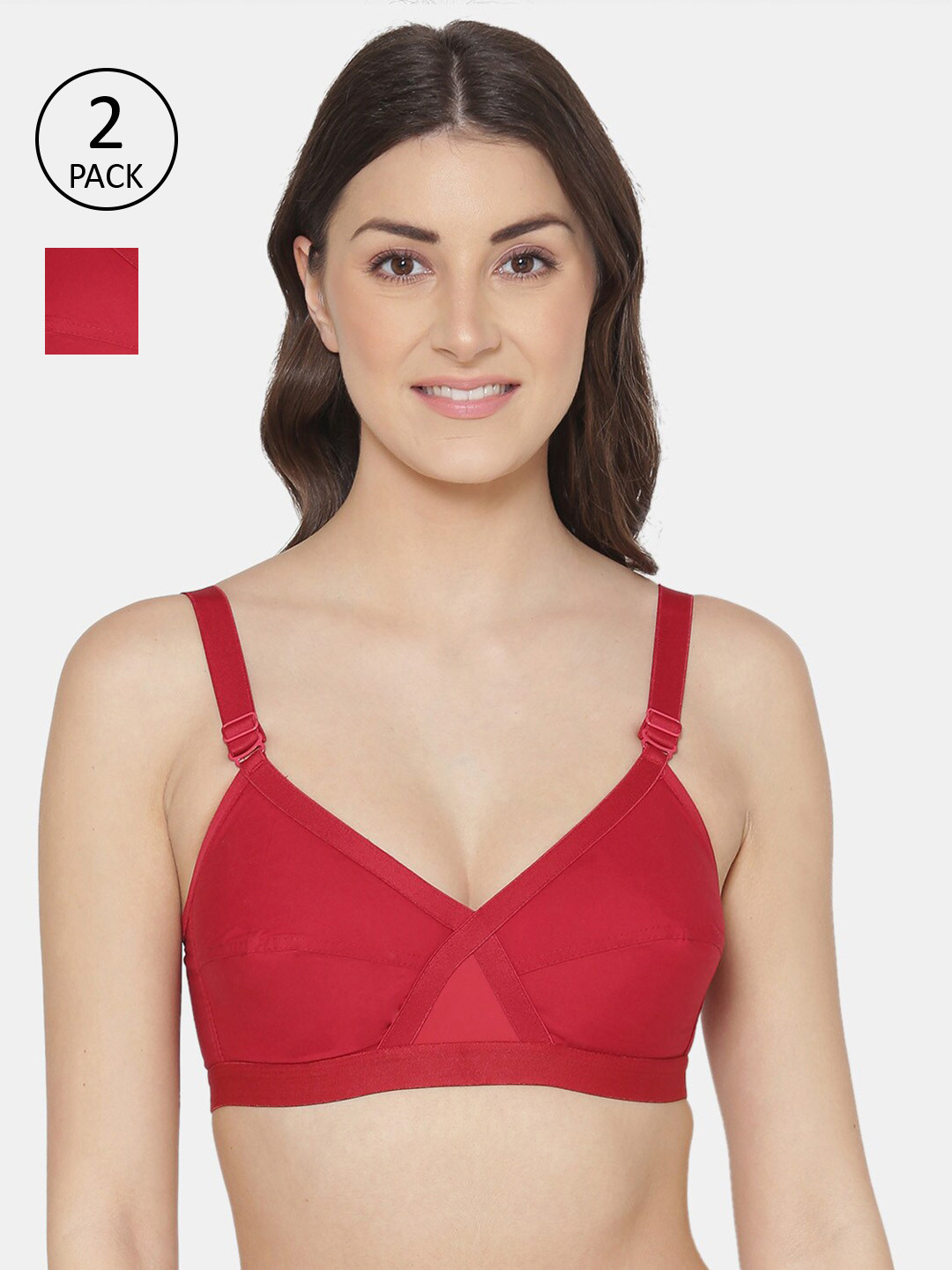 KOMLI Red Set of 2 100% Cotton Non-Padded Full Coverage Bra