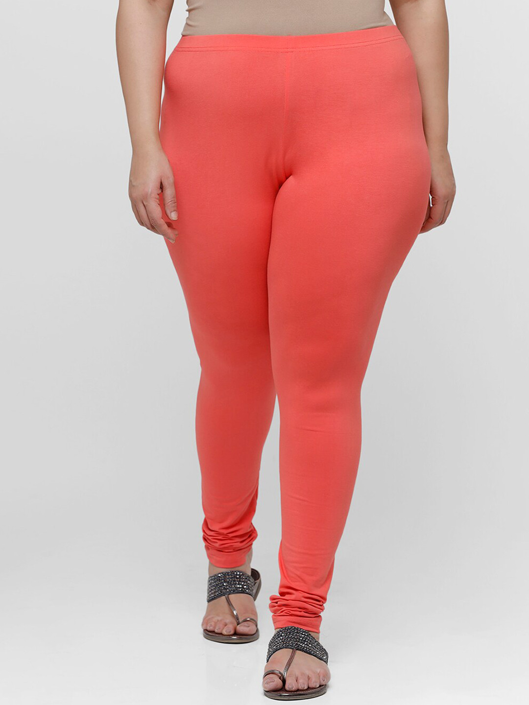 De Moza Women Coral-Coloured Solid Cotton Churidar-Length Leggings