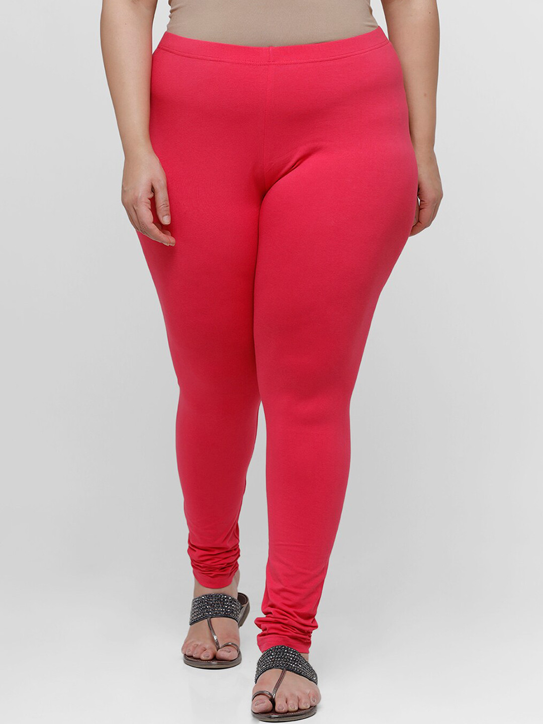De Moza Women Coral-Coloured Solid Cotton Churidar-Length Leggings