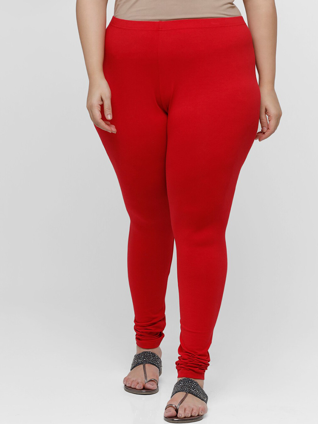 De Moza Women Red Solid Cotton Churidar-Length Leggings