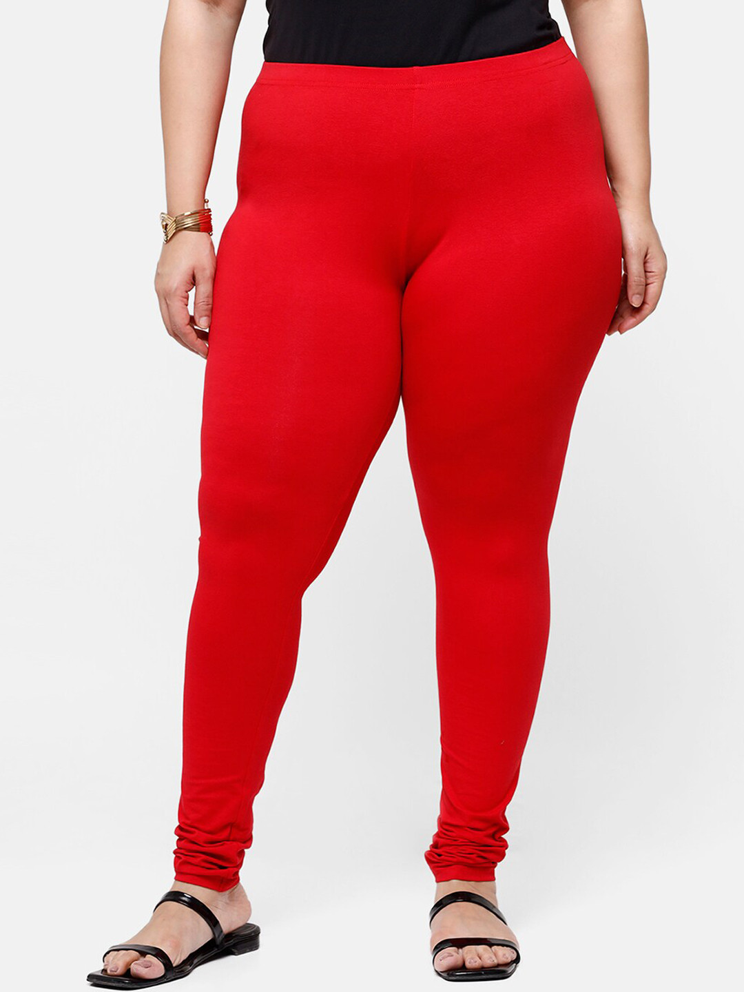 De Moza Women Red Solid Cotton Churidar-Length Leggings