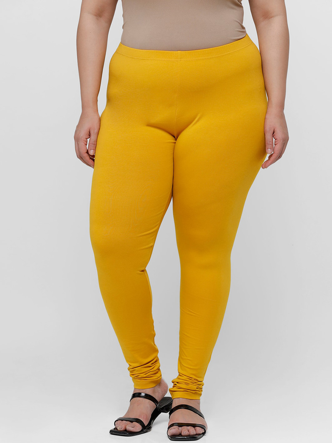 De Moza Women Mustard-Yellow Solid Cotton Churidar-Length Leggings