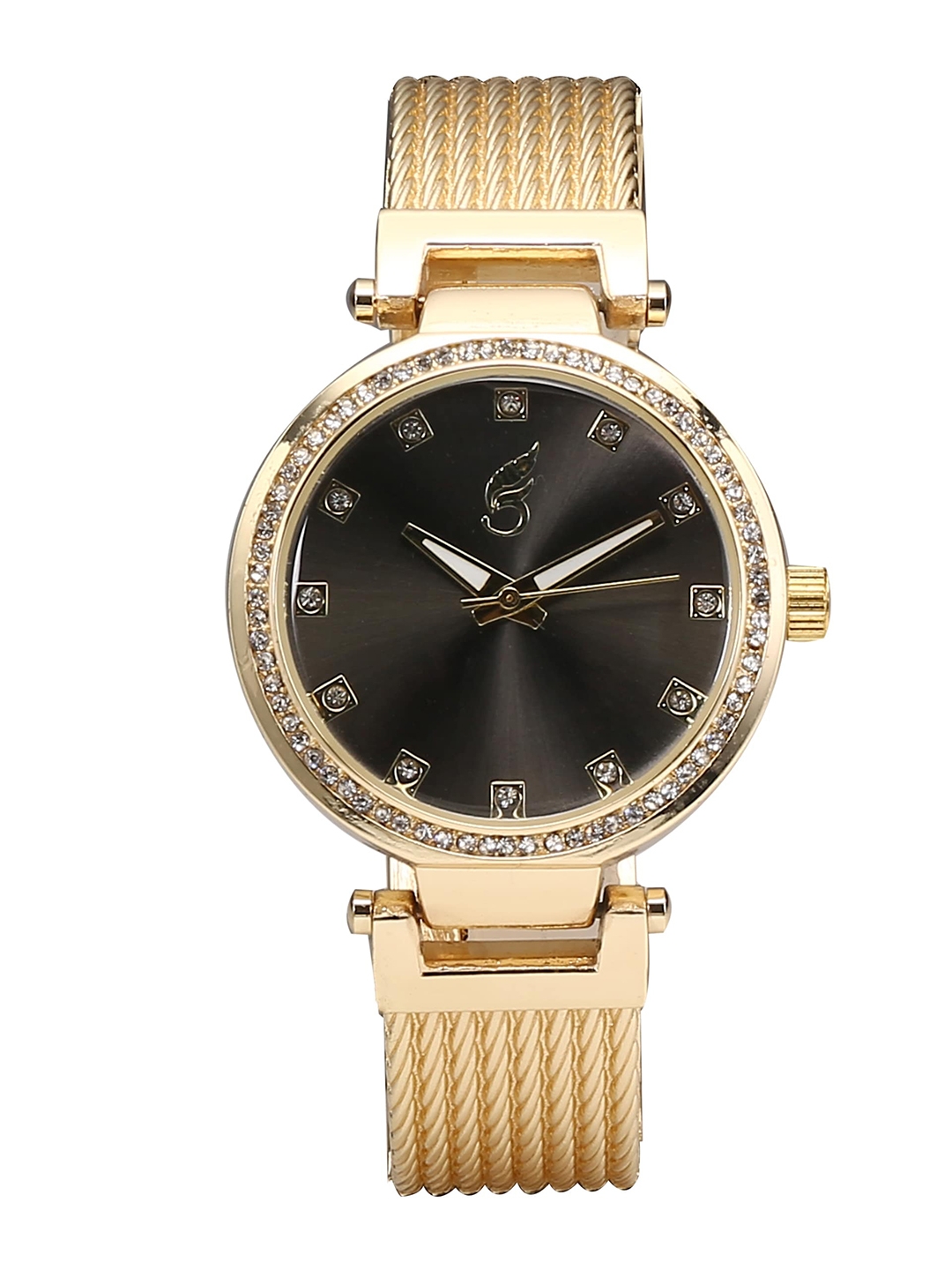 Style FEATHERS Women Black Dial   Gold Toned Straps Analogue Watch SF21AD009143