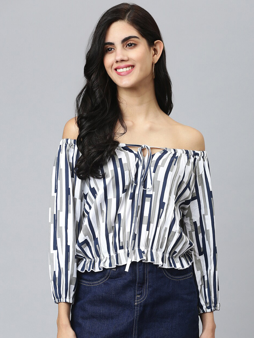 FLAMBOYANT White Print Off-Shoulder Bardot Top