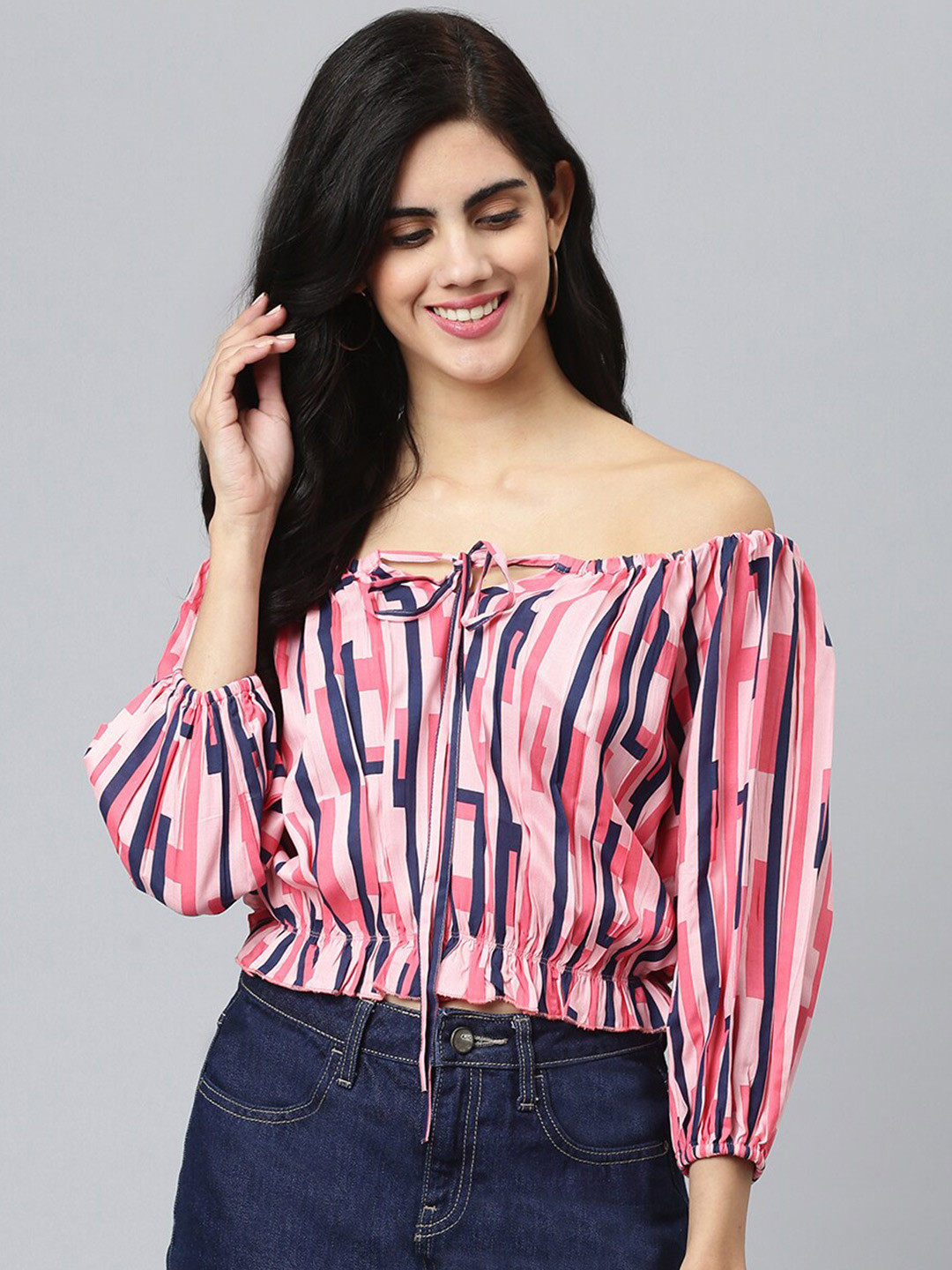 FLAMBOYANT Women Pink & Grey Striped Off-Shoulder Bardot Top