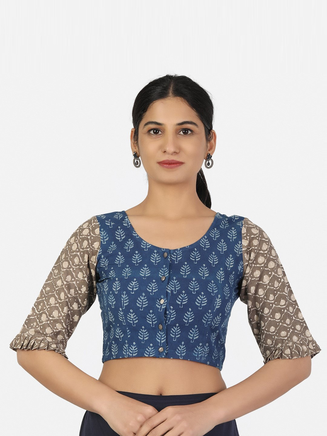 Llajja Women Blue & Grey Printed Pure Cotton Readymade Saree Blouse