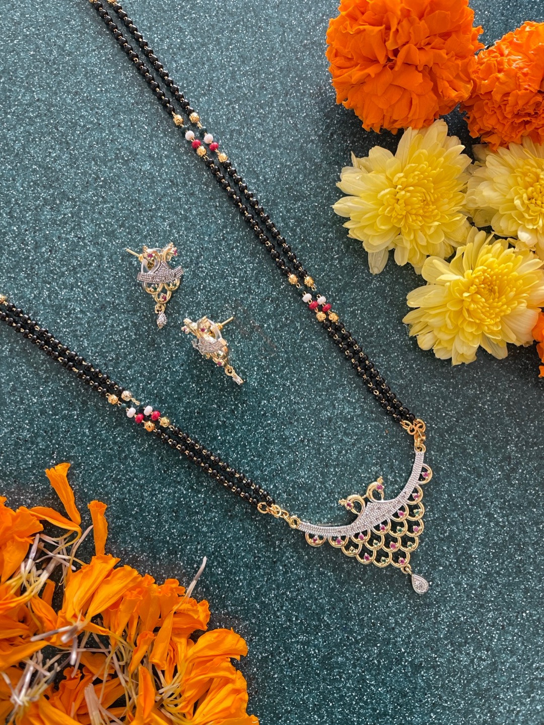 Digital Dress Room Gold-Plated White & Black Stoned & Beaded Mangalsutra With Earrings