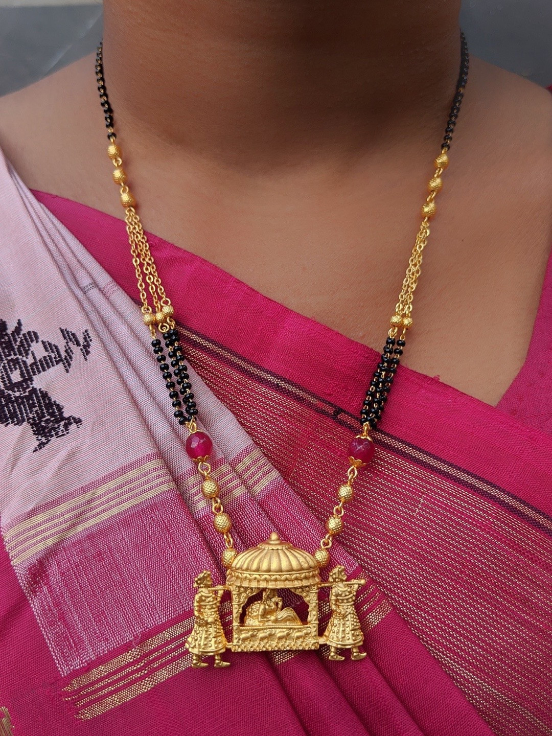 Digital Dress Room Gold-Plated Pink & Black Beaded Mangalsutra