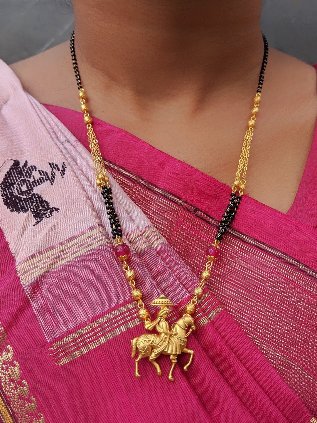 Digital Dress Room Gold-Plated Pink & Black Beaded Mangalsutra