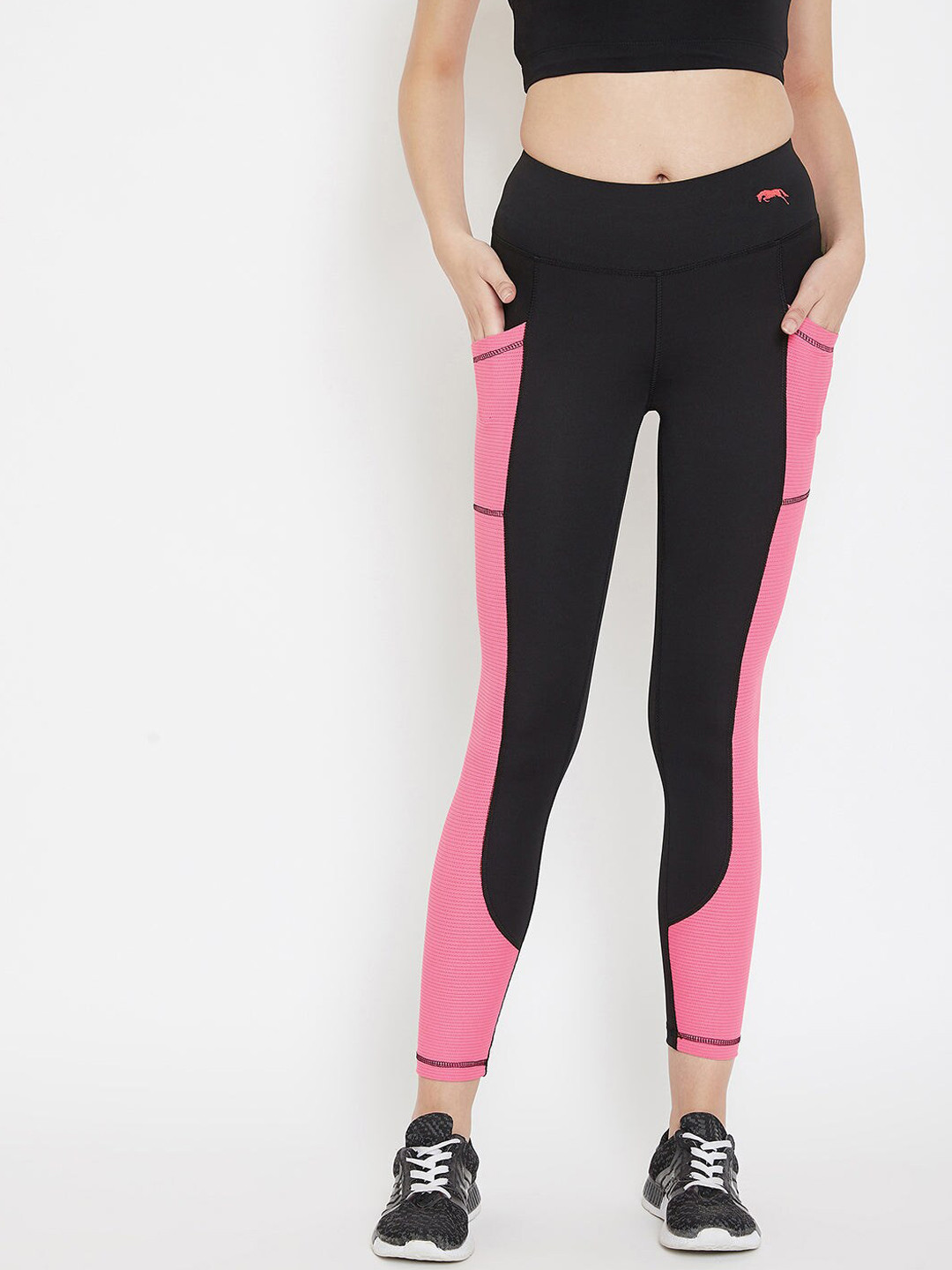 JUMP USA Women Black & Pink Colourblocked Active Wear Tights