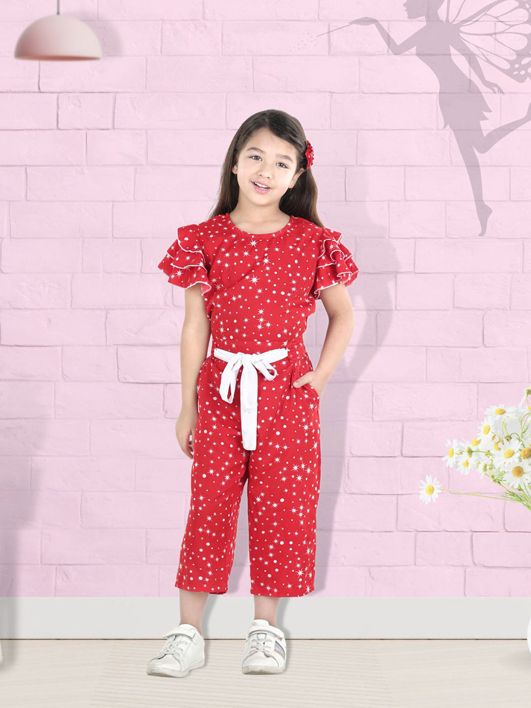 Cutiekins Girls Red & White Stars Printed Capri Jumpsuit