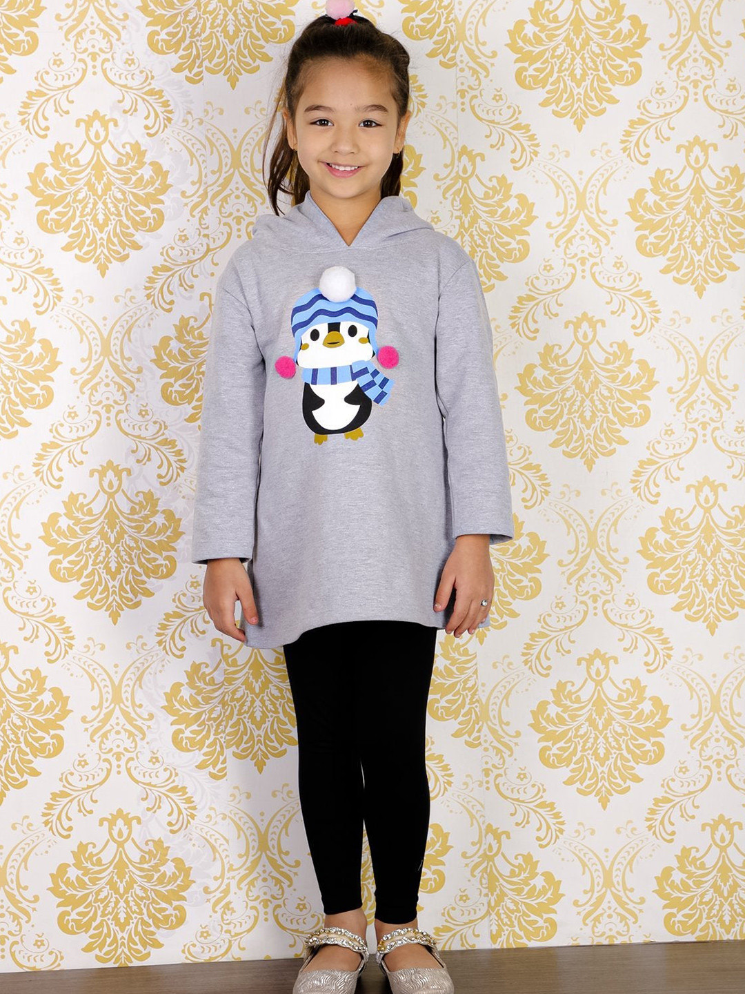 The Mom Store Girls Grey & Black Printed Pure Cotton Hooded Sweater with Leggings