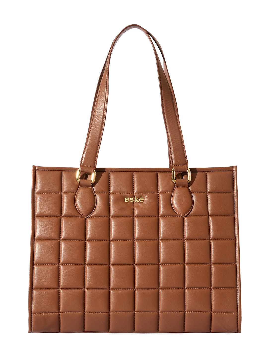 Eske Brown Checked Leather Shopper Handheld Bag with Quilted