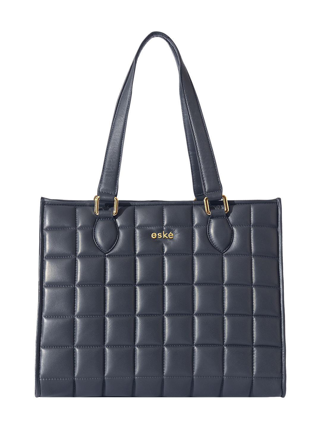 Eske Navy Blue Leather Structured Handheld Bag with Quilted