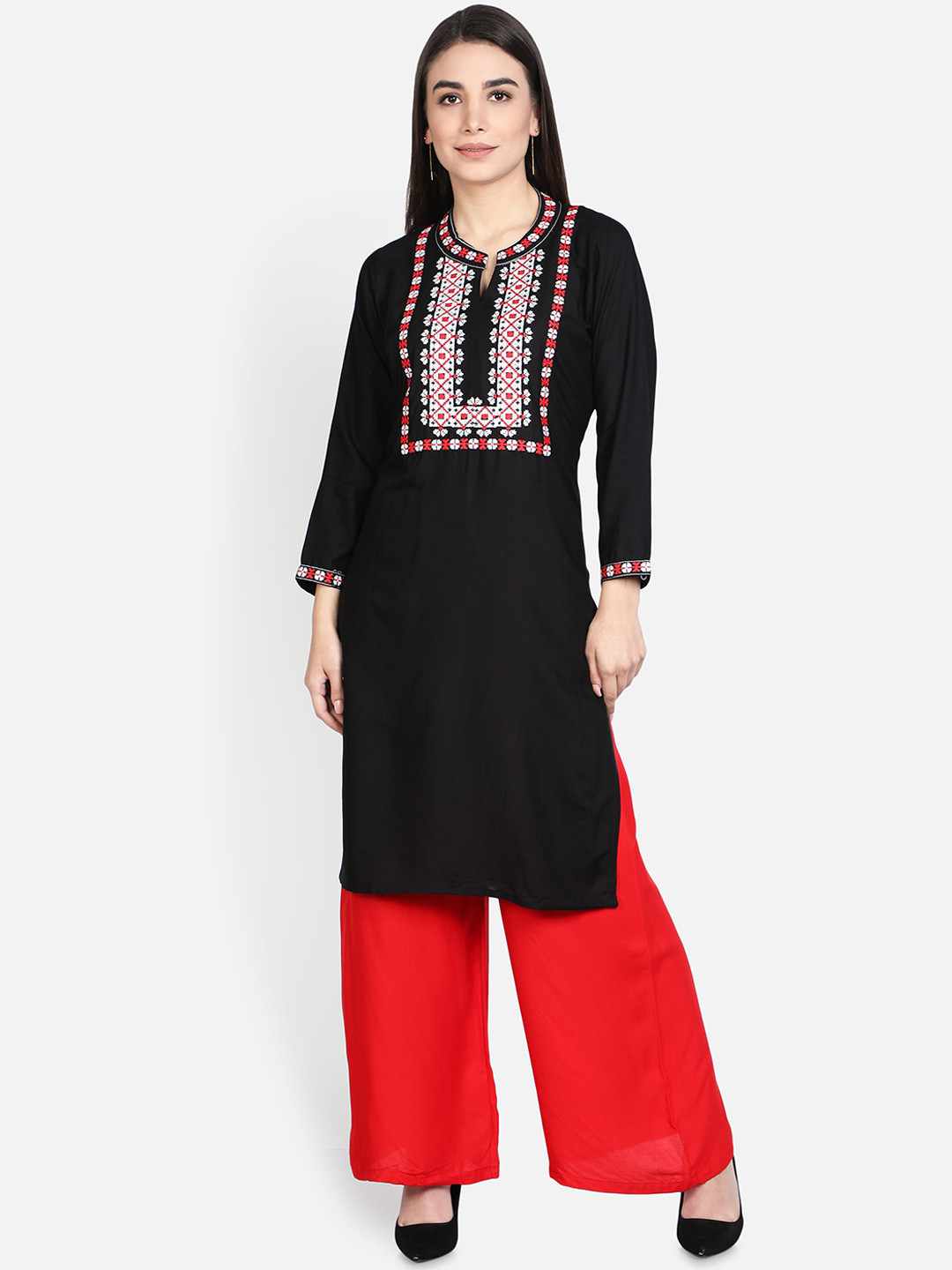 Fabclub Women Black Ethnic Motifs Yoke Design Keyhole Neck Kurta