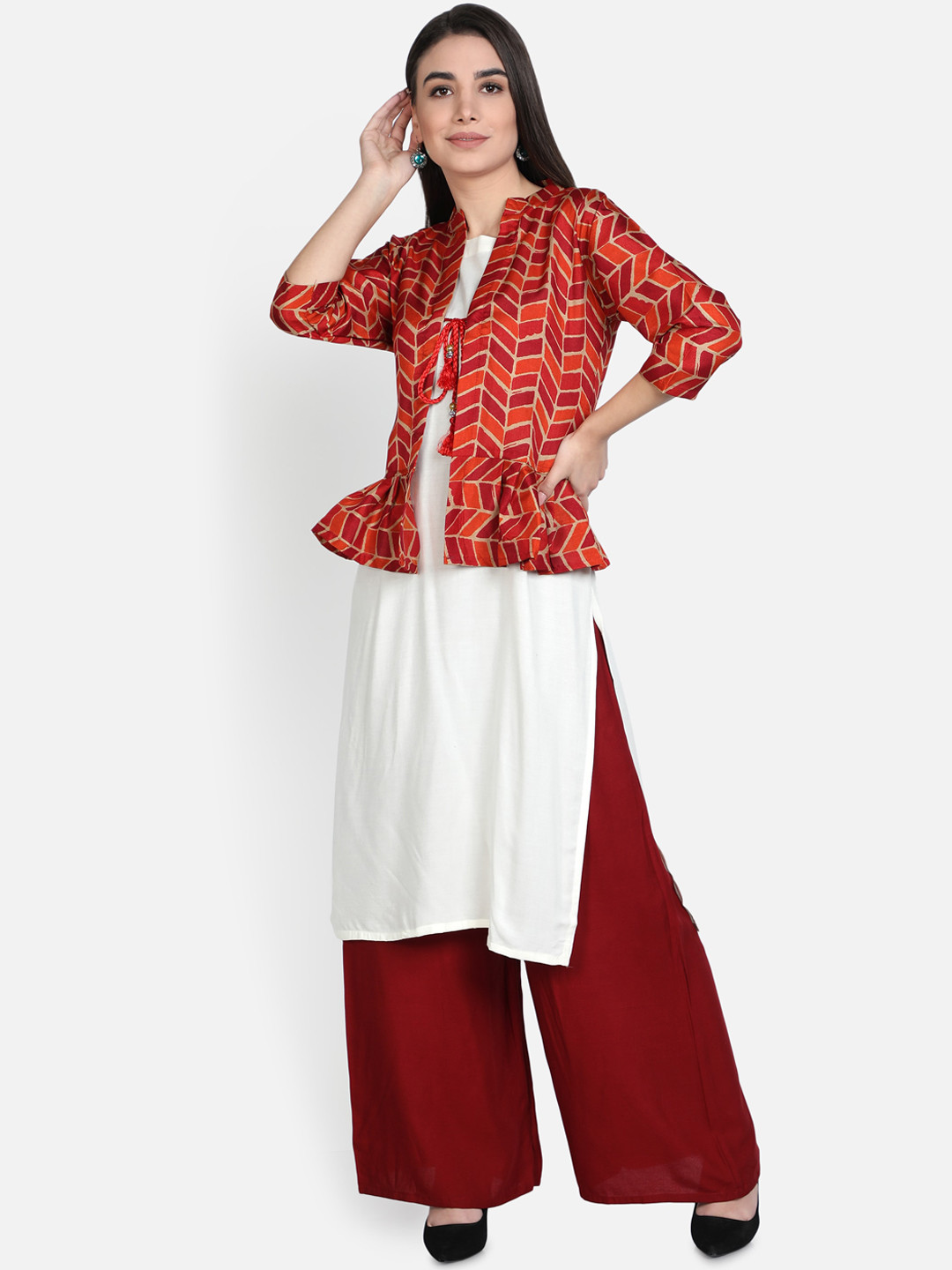 Fabclub Women White & Red Kurta With Pleated Jacket Kurta