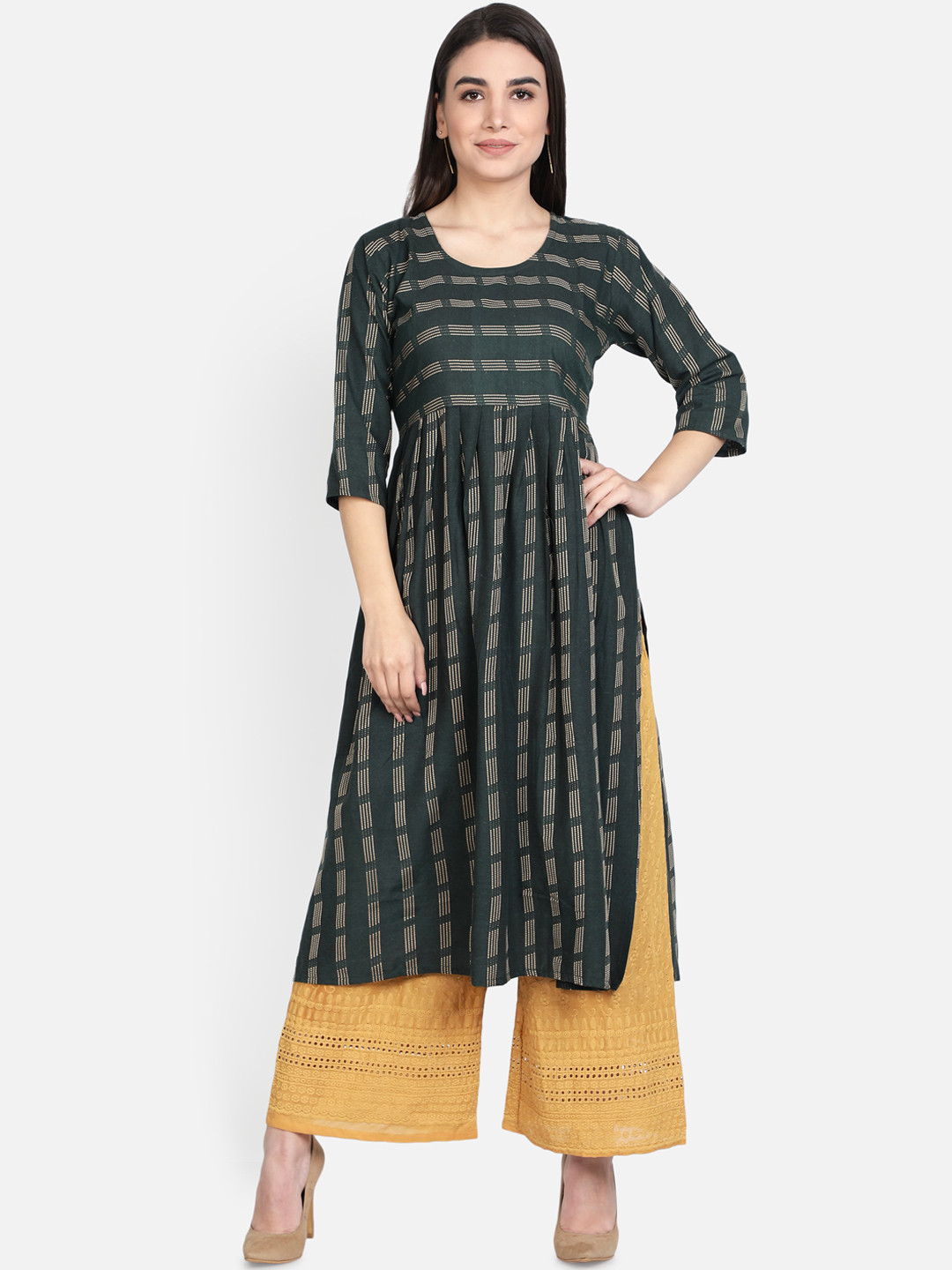 Fabclub Women Green & Beige Striped Dobby Cotton Pleated A-line Kurta