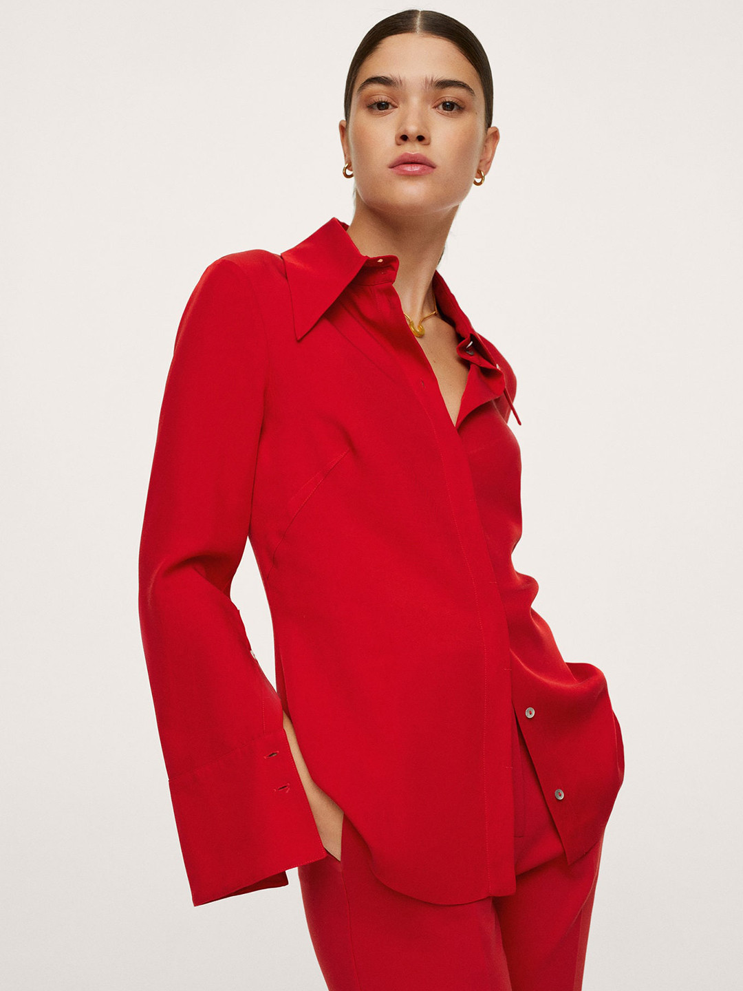MANGO Women Red Casual Stylized Above The Keyboard Collar Shirt