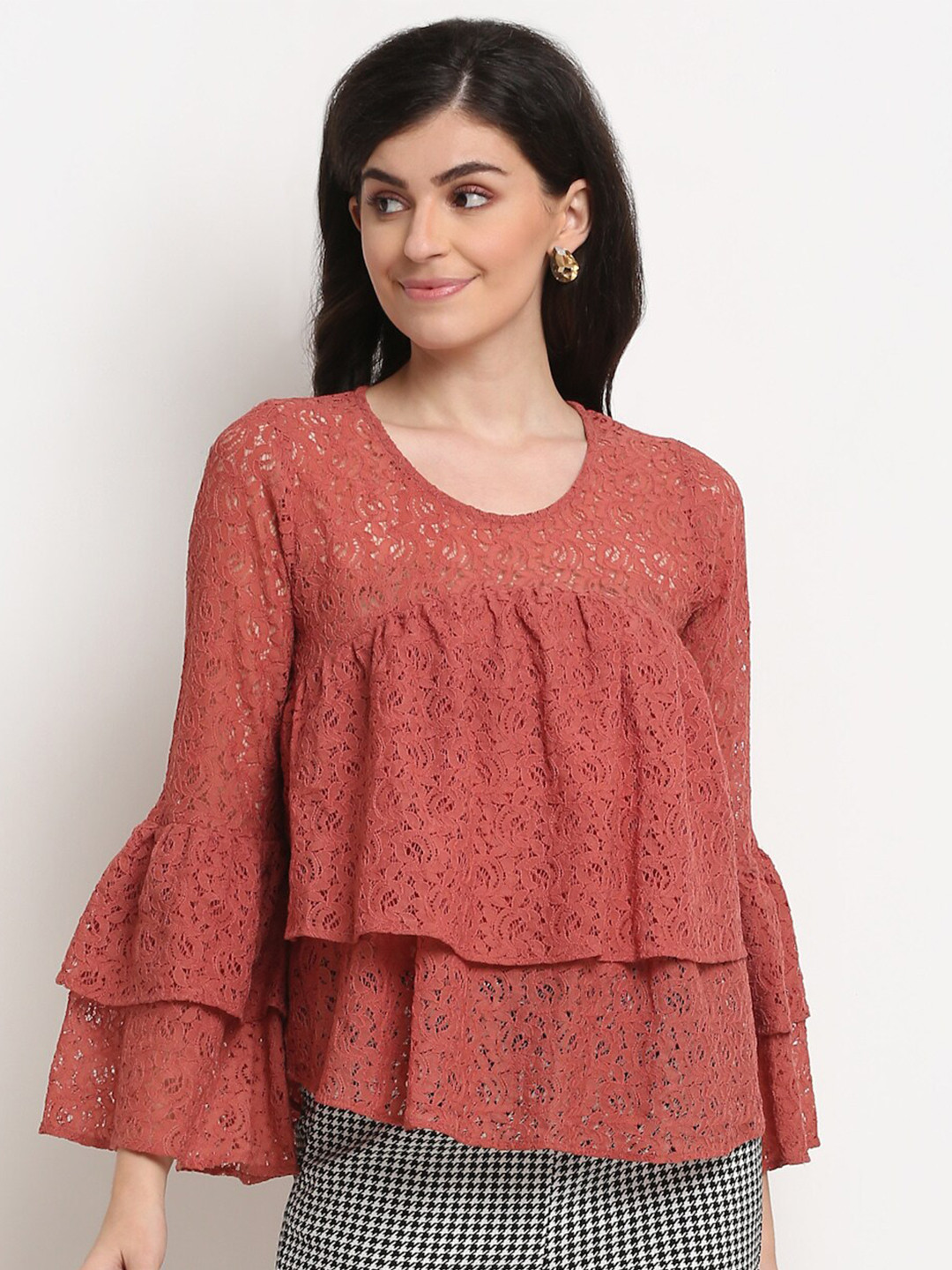La Zoire Rust Floral Layered Lace Pure Cotton Tiered Top