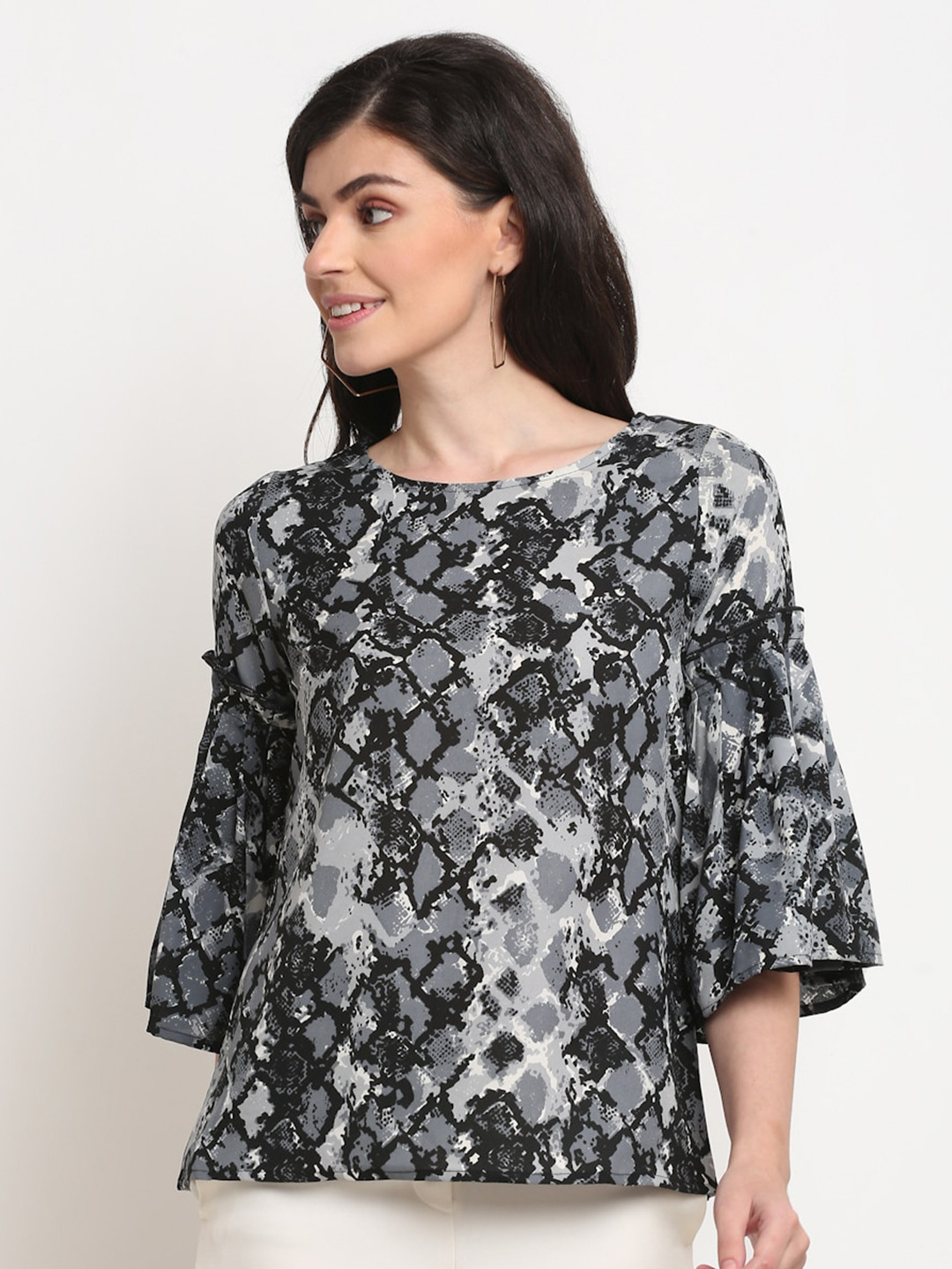 La Zoire Grey & Black Animal Print Georgette Top