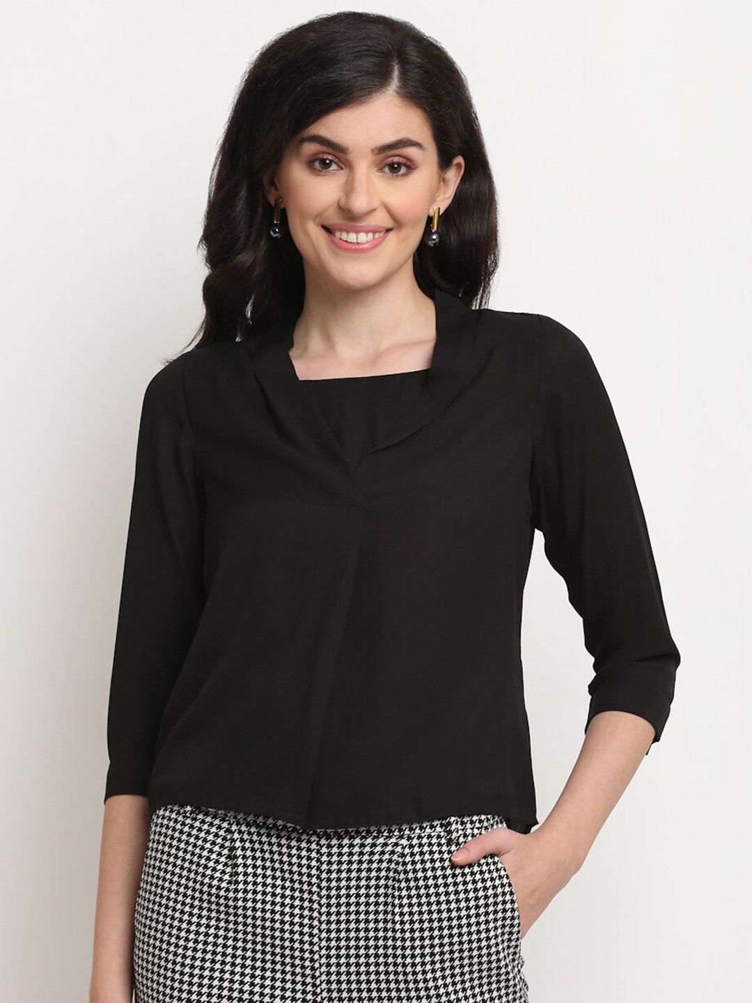 La Zoire Black Cowl Neck High Low Georgette Top