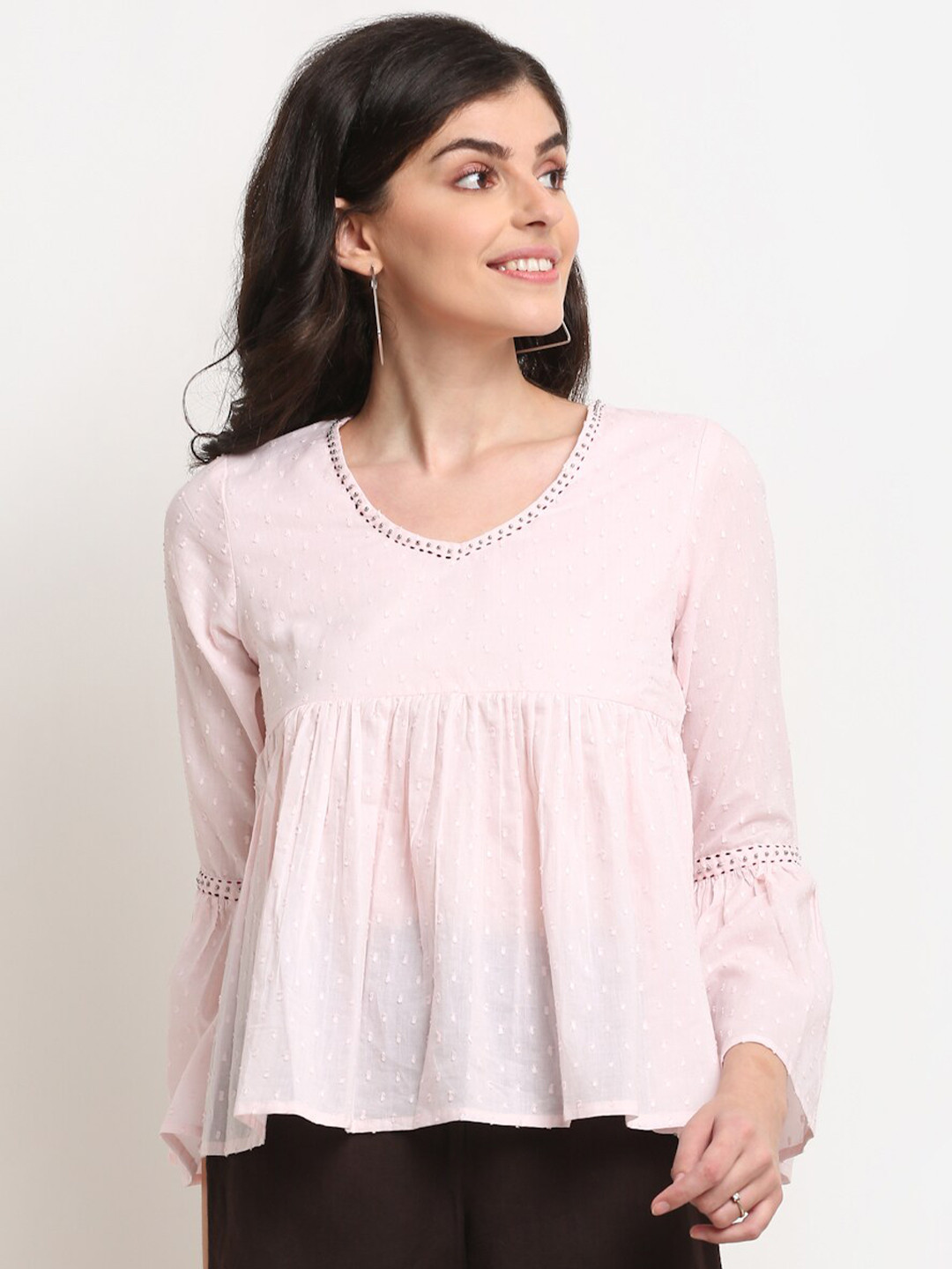 La Zoire Pink Pure Cotton Embroidered Top