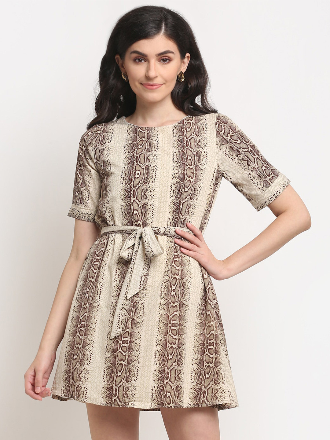 La Zoire Off White Animal Printed Crepe Dress