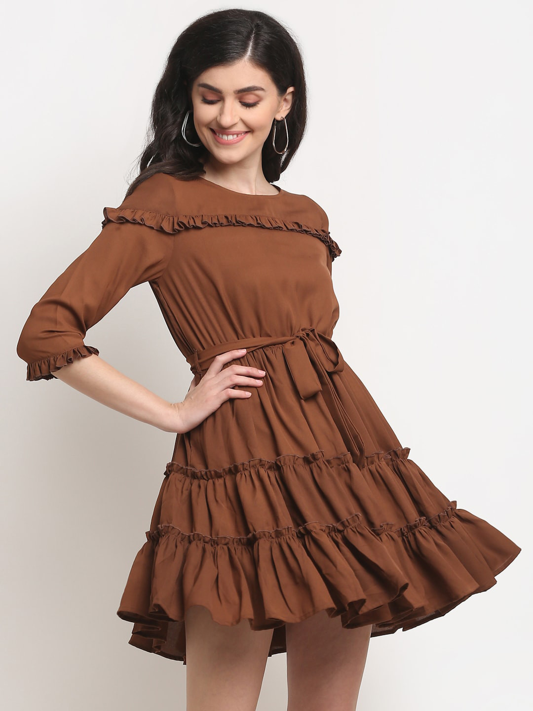La Zoire Brown Georgette Mini Tiered Dress