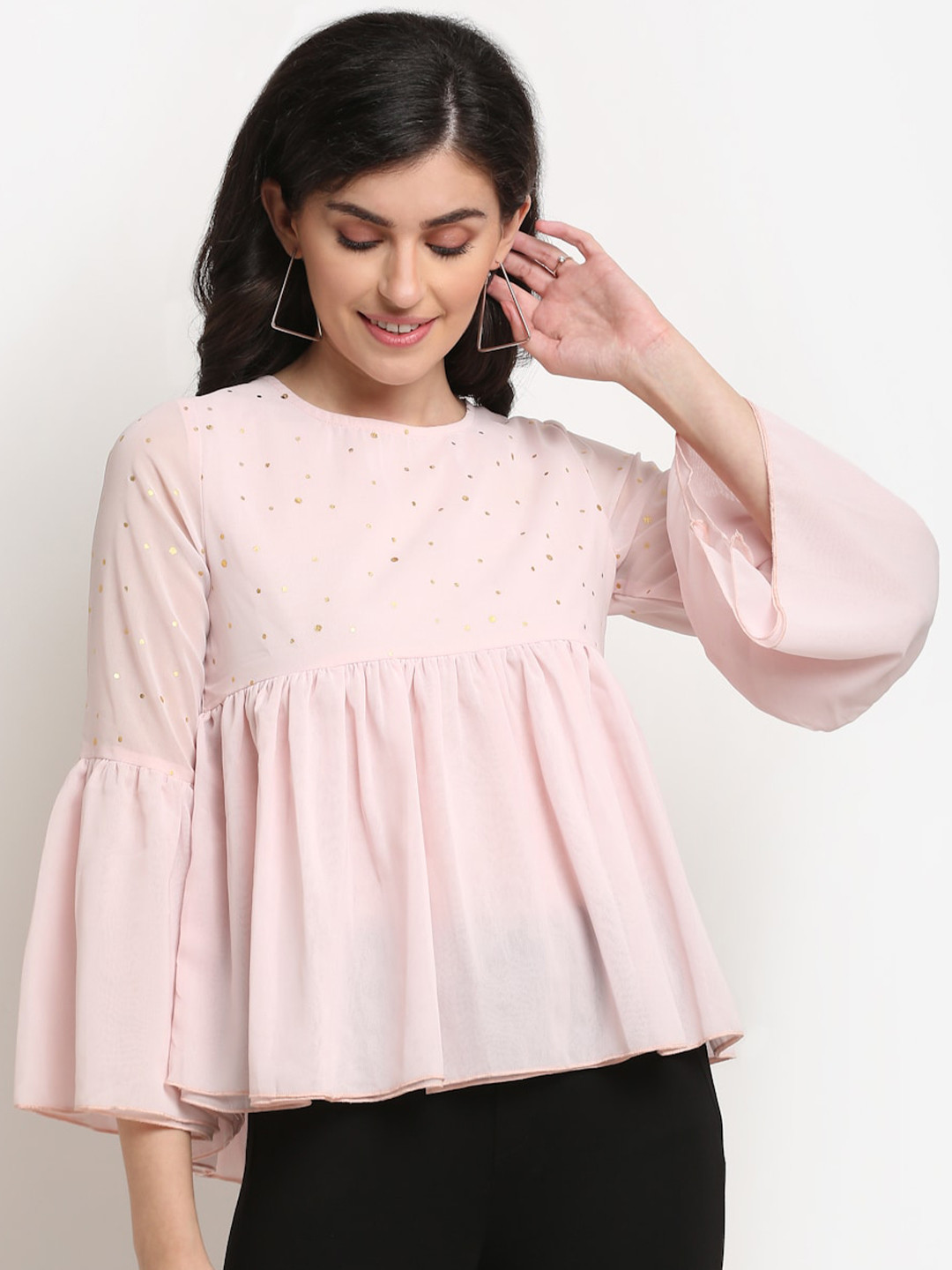 La Zoire Pink & Gold-Toned Foil Printed Bell Sleeves Empire Top