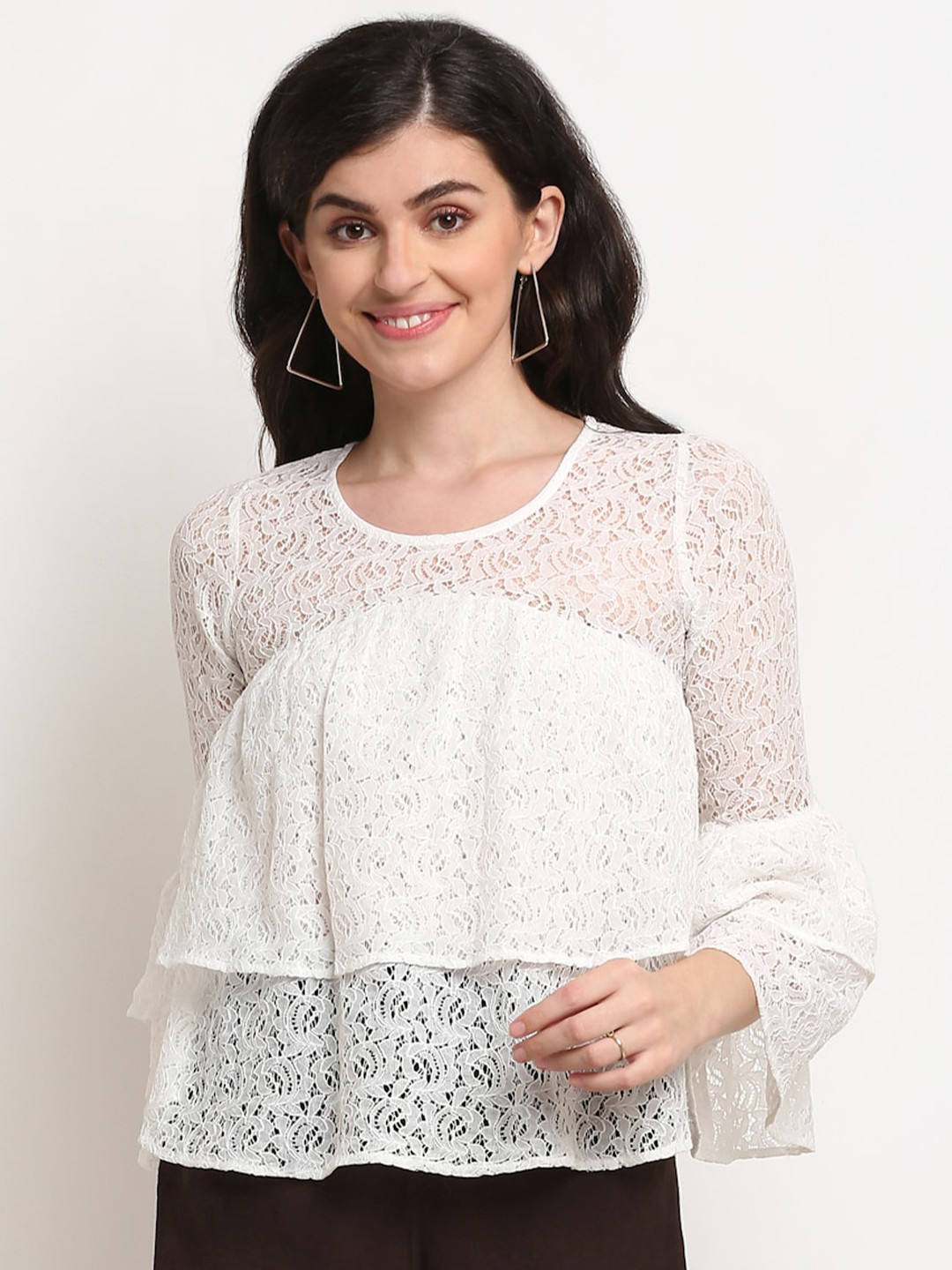 La Zoire White Self Design Bell Sleeves Layered Pure Cotton Lace Empire Top