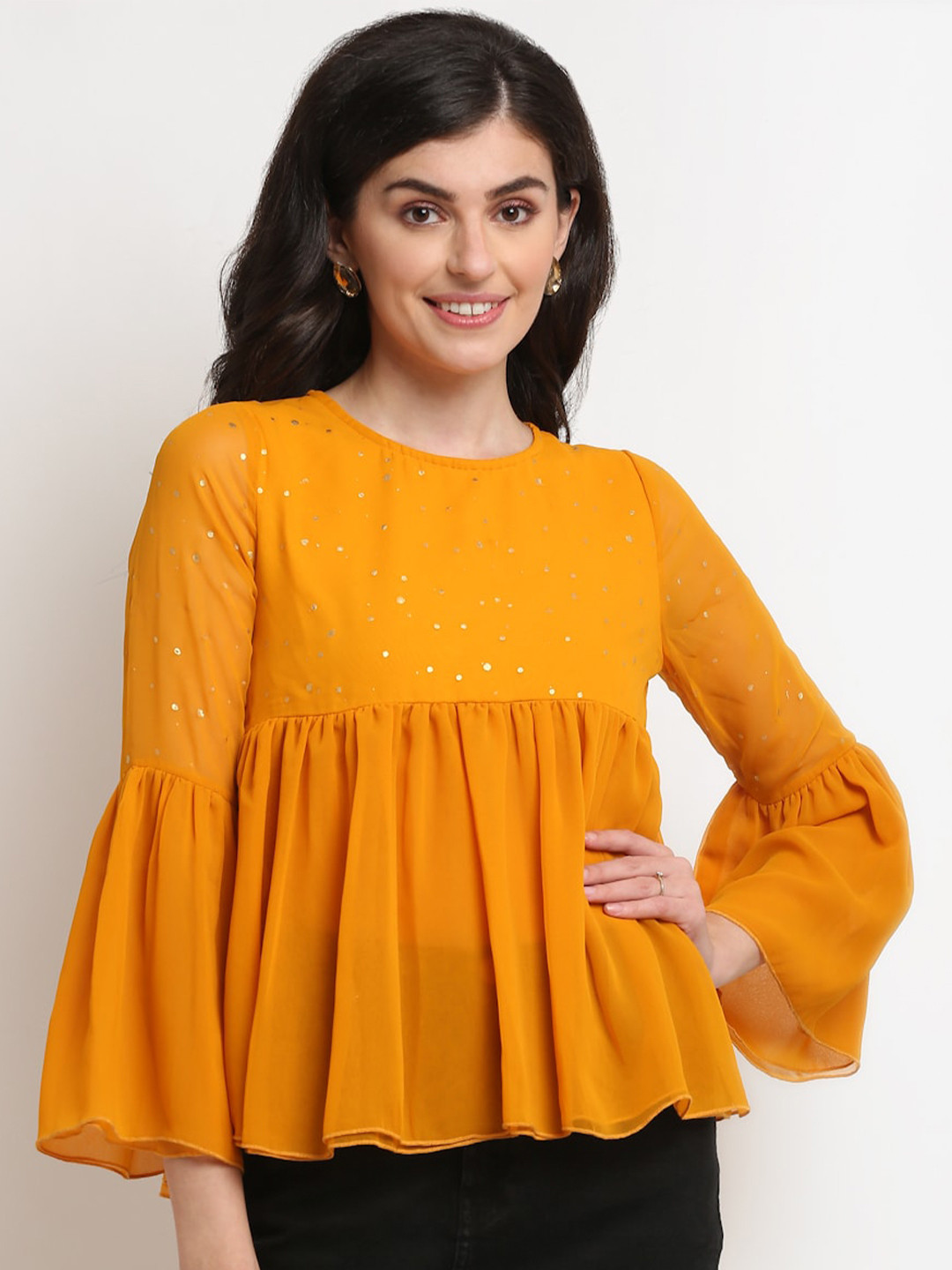 La Zoire Yellow Embellished Georgette Peplum Top