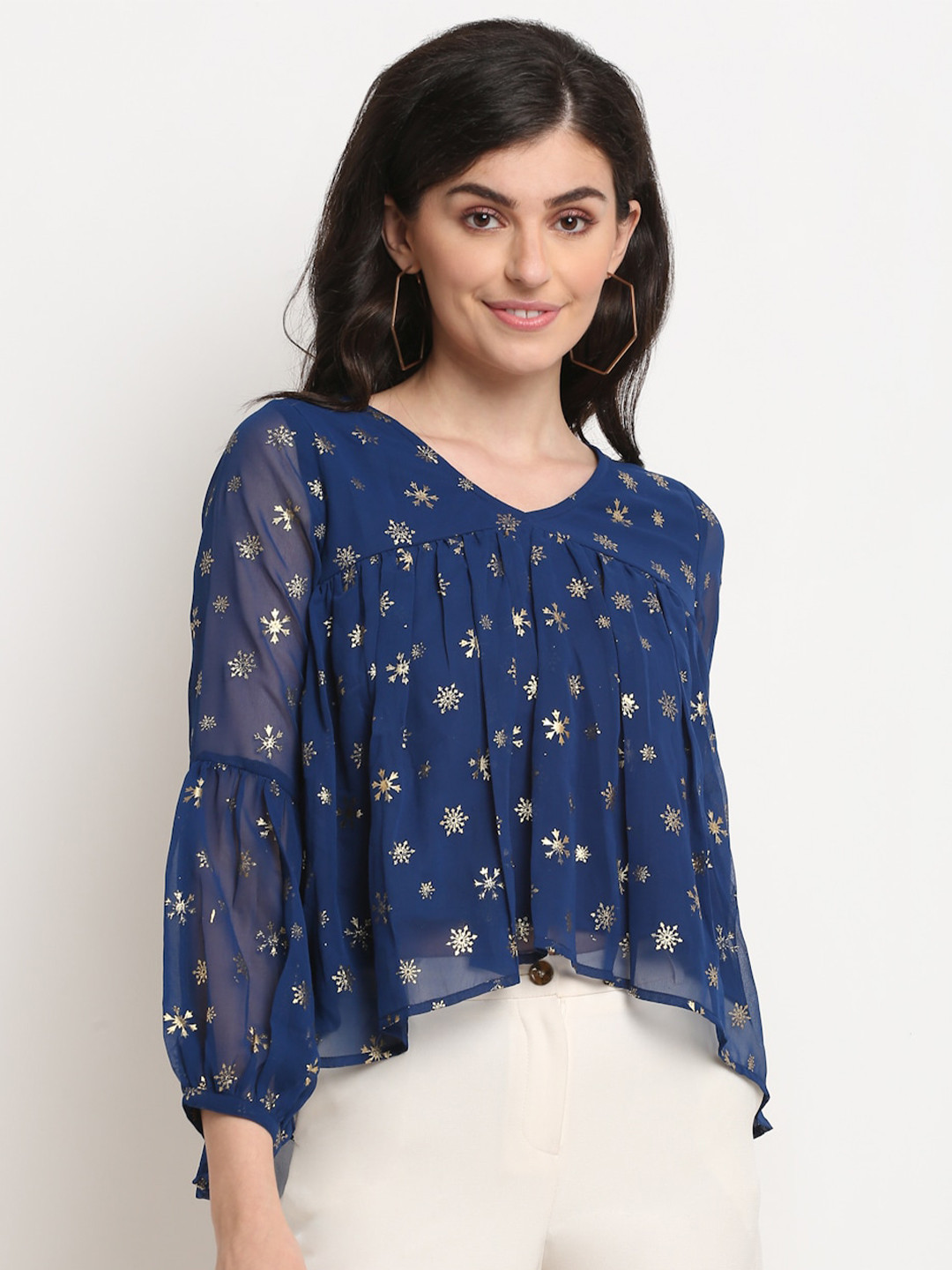 La Zoire Navy Blue Floral Print Georgette High-Low Crop Top