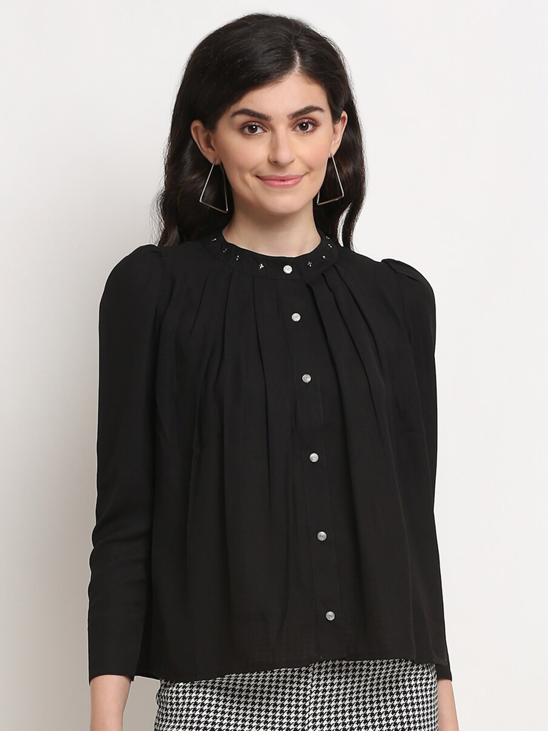 La Zoire Black Mandarin Collar Georgette Shirt Style Top
