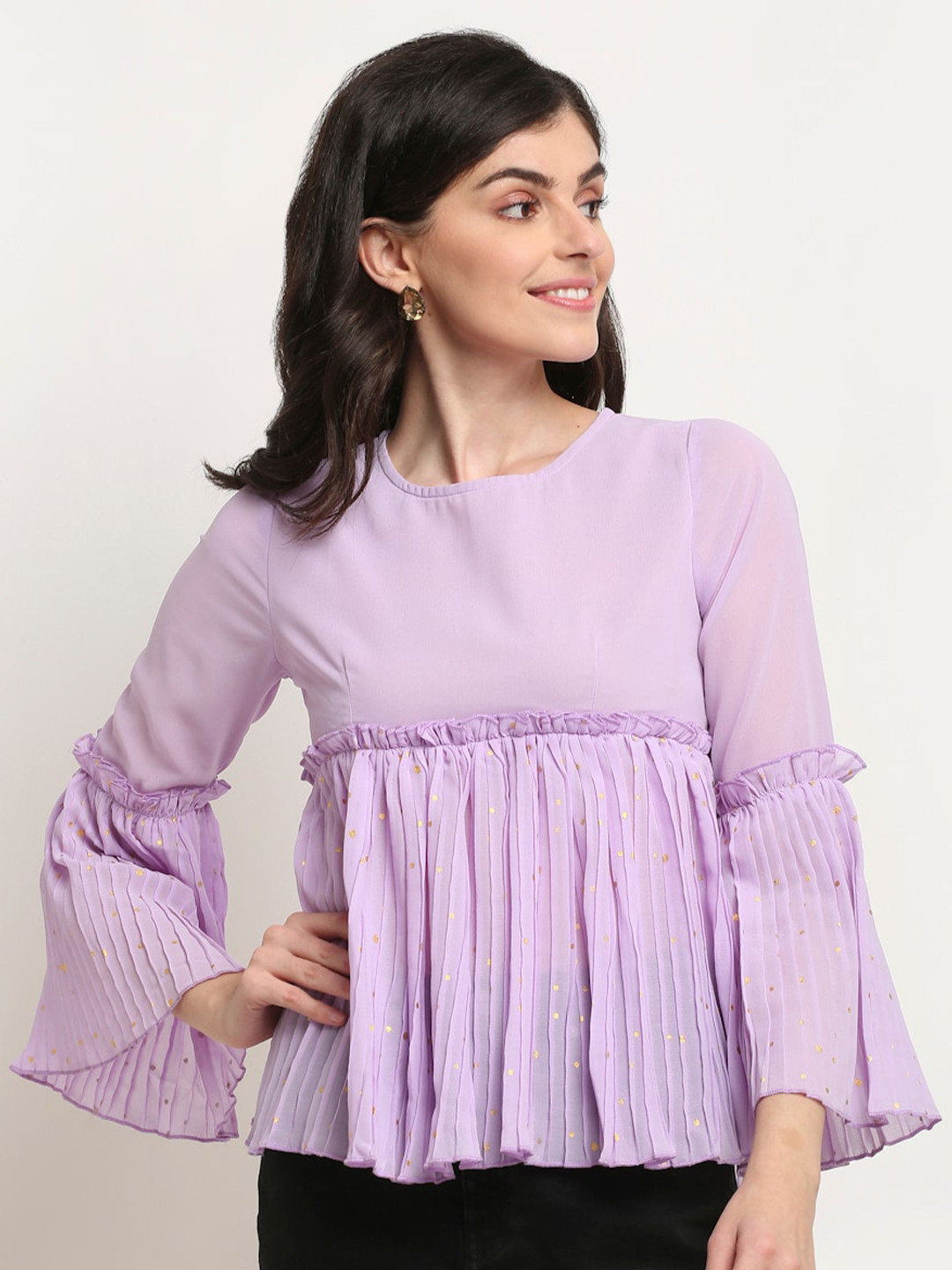 La Zoire Purple Foil Print Pleated Georgette Top